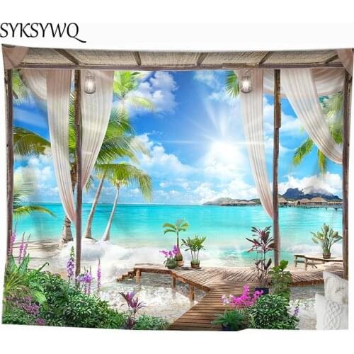 Sea beach tapestry palm tree wall hanging carpet flower sand beach wall blanket home decoration