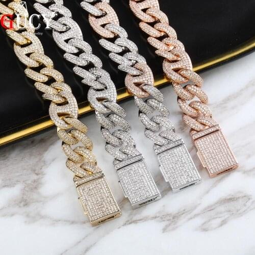 GUCY 7-9 Inch Lock Clasp 14mm Heavy Iced Out Cuban Bracelet Chains Cubic Zircon Link Hip Hop Rock Jewelry For Men Women