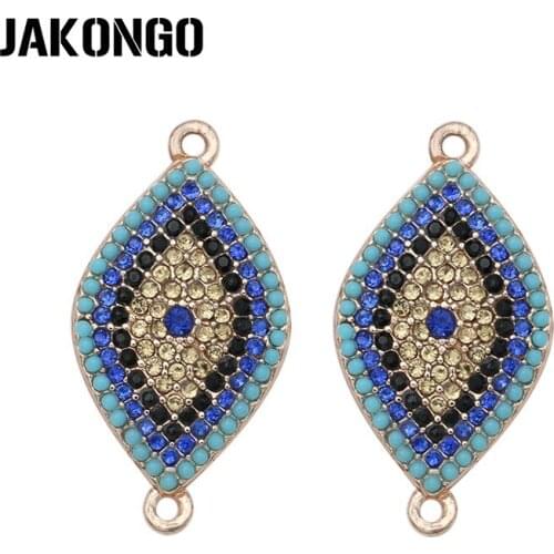 JAKONGO Rose Gold Color Rhinestone Evil Blue Eye Connectors for Jewelry Making Bracelet Accessories DIY 29x15mm 2pcs/lot
