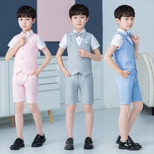 Baby Boys Clothing Sets Summer Kids Boys Fashion Handsome Blazer Suits Plaid Vest White Shirts Shorts 3pcs Boys Wedding Clothes