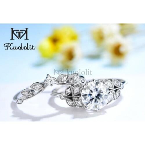 Kuololit 585 14K 10K White Gold Set Ring for Women 1.5CT Moissanite Solitaire Engagement Leaves Ring Matching Wedding Band New