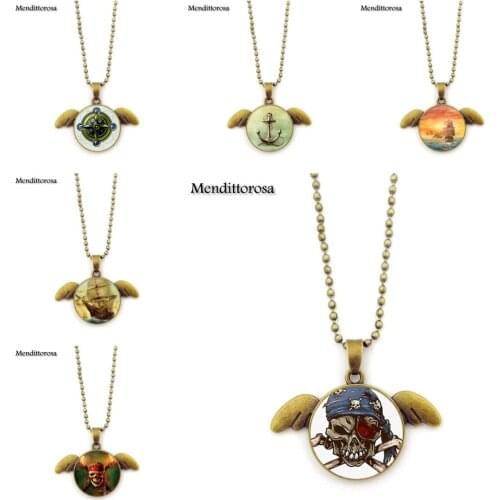 Mendittorosa Captain Jack Portrait Vintage Fashion Glass Bronze Angel Wings Pendant Necklaces Jewelry Handmade Necklace For Girl