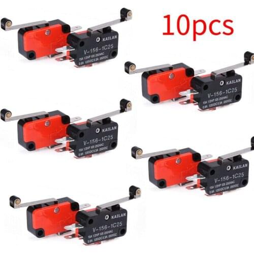 10PCS Microswitch Long Lever AC 250V 15A V-156-1C25 SPDT Roller Lever Micro Switch