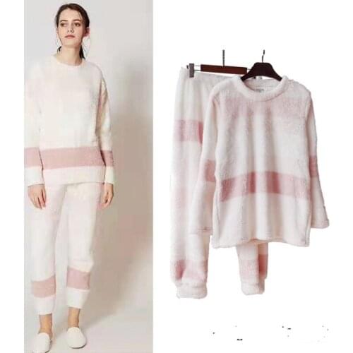 New coral fleece warm home clothes, casual, fashionable and comfortable long-sleeved trousers pajamas, ladies thick pajamas