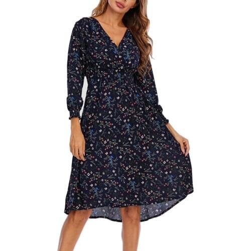 Dresses For Women 2021 Womens Casual Chiffon Printed V-neck Waist Long Sleeve Swing Swallowtail Dress Vestidos De Mujer Casual