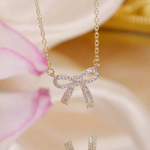 Romantic Charm Brilliant CZ Bowknot Lady Necklace 14k Real Gold Super Shining Zircon Clavicle Rope Charin Stylish Kolye Gift