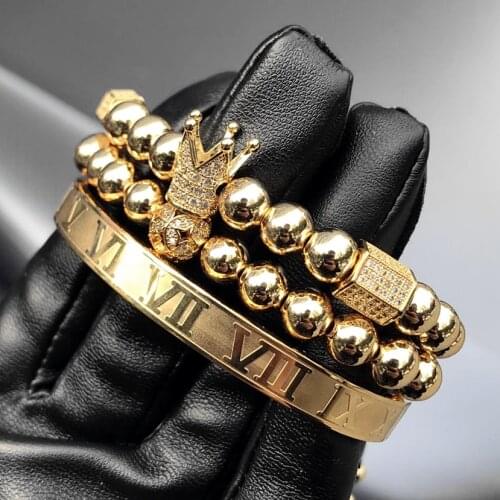 3pcs/Set Luxury Crown Bracelet Pave Cubic Zirconia Ball Charms Copper Beads Men Cuff Roman Numeral Bracelets For Drop Shipping