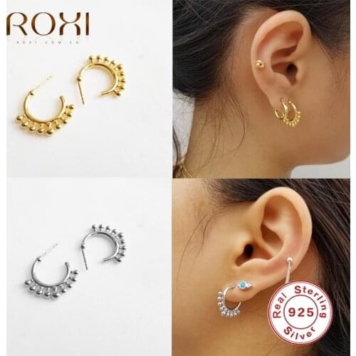 ROXI Small Beads C Shape Stud Earrings for Women Girls Piercing Earrings Unusual 925 Sterling Silver Jewelry Pendientes Earring