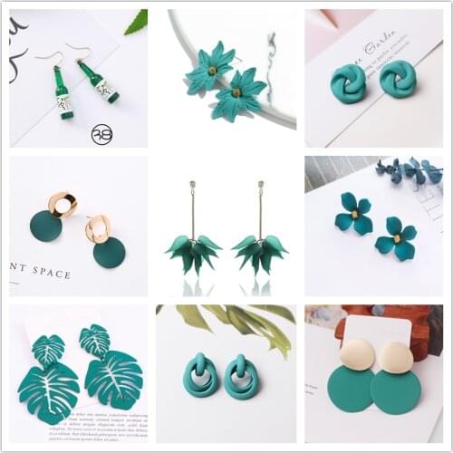 Green Color Flower Drop Earrings for Women Petals Round Heart Leaf Butterfly Metal Brincos Wedding Party Jewelry Summer Gift