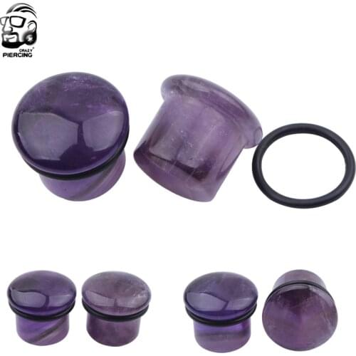 Hot Fashion 2Pcs Natural Purple Stone Ear Plug and Tunnels Single Flared Earring Piercings Ear Gauges Kit Expander Body Jewelry