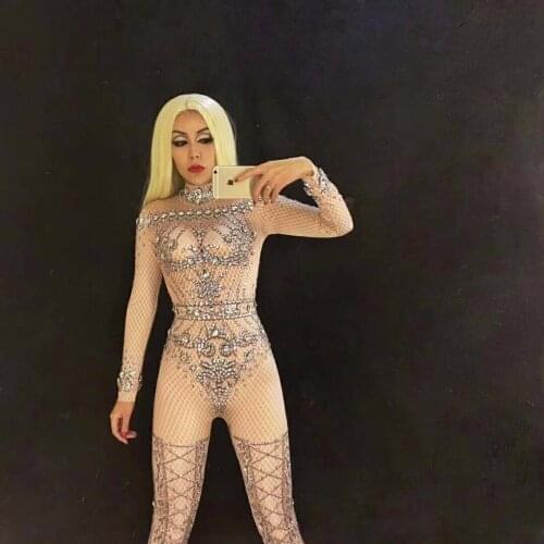 Stretch Nude Glisten Stones Jumpsuit long Sleeves Pattern Bodysuit Performance Party Celebrate luxurious Costume Dance Clothing