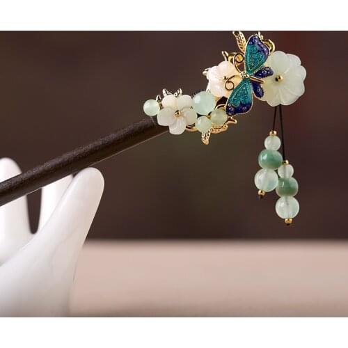 Chinese style vintage butterfly stone tassel handmade wooden hairpin hair sticks Hair accessories Headwear for kimono COSPLAY