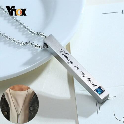 Vnox Personalized Simple Necklaces for Men 3D Vertical Bar Pendant with AAA CZ Stone Classic Fashion Customize Gift for Him