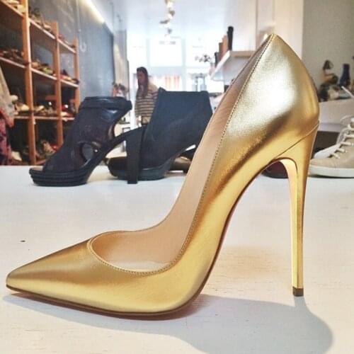 Free Shipping Fashion Women Pumps Lady Gold Matt Leather Pointy Toe Stiletto Stripper High Heels Zapatos Mujer Prom Evening pump