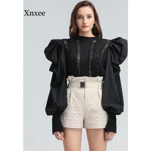 New Knitted Pullovers Elegant Patchwork Sweater for Women O Neck Puff Long Lantern Sleeve Casual Female Fashion Clothing Tops