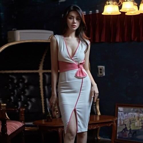 Women Summer Bodycon Dress 2020 Temperament Sexy Dress Solid Color Sleeveless V-Neck Bow-Tied Knee-Length Office Dress Female