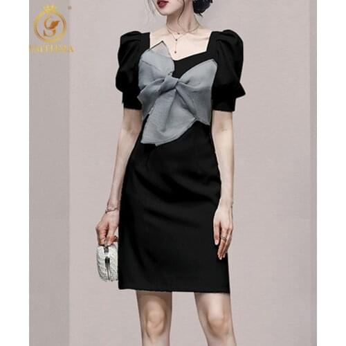 SMTHMA New Korea Chic Style Summer Dress Womens Big Bow-Mesh Short-Sleeved French Square Neck Sweet Dress Vestidos