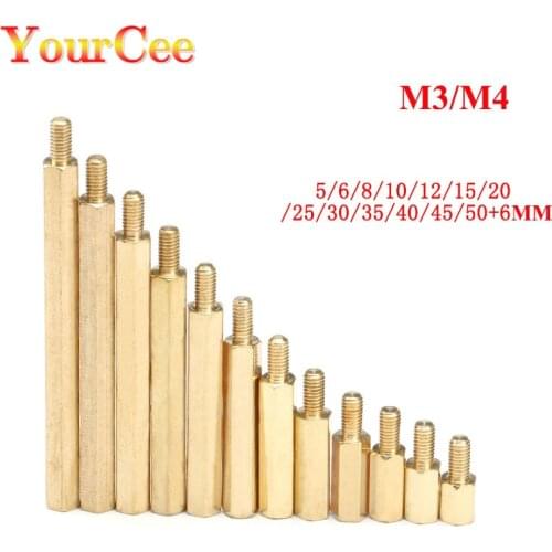 10pcs M3 M4 Male 6mm + Female 5-50mm Hex Brass Copper Pillar Standoff M3+6 M4+6 6MM Copper Hexagonal Stud Spacer Hollow Pillars