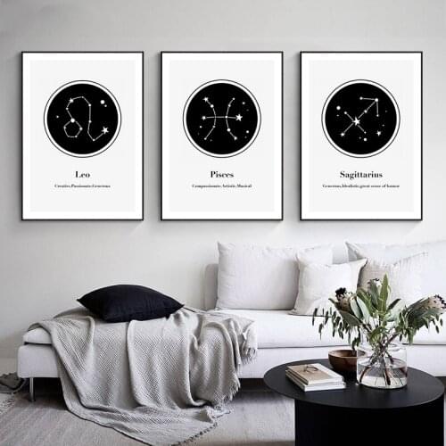 12 Constellations Canvas Poster Minimalist Paintings for Living Room Black White Pictures for Bedroom Frameless Wall Art