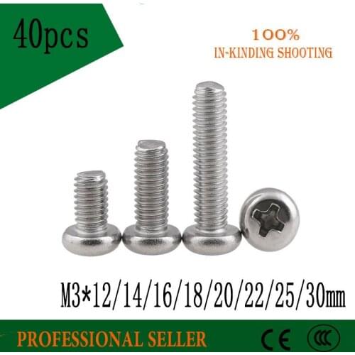 40PCS M3*12/14/16/18/20/22/25/30 mm screw GB818 half round 304 Stainless Steel flat Phillips head cross Truss head screw