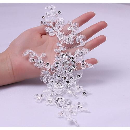 YACKALASI 5 Pcs Beads Flower Lace Appliqued 3D Embroidered Floral Sequins Trims Crystal Hair Wedding Veil Patches 26cm*11cm