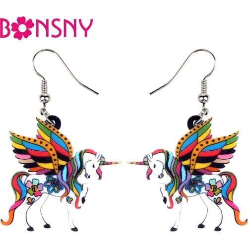 Bonsny Acrylic Elegant Holy Unicorn Horse Earrings Long Drop Dangle Elegant Animal Fashion Jewelry For Women Girls Ladies Gifts