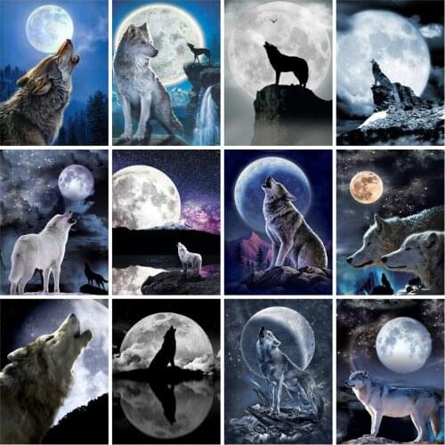 EverShine Diamond Mosaic Full Square Wolf Cross Stitch Diamond Embroidery Animals Picture Rhinesotnes Moon Painting Wall Decor