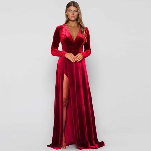 Deep V Neck High Splits Full Sleeved Maxi Dress Burgundy Velvet Floor Length Hollow Out Night Party Dress