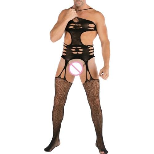 Men Summer Breathable Underwear Sexy Lingerie Halter Mesh Jumpsuit Man Gay Fishnet Bodysuit Open Crotch Nightwear Sexy Clothes