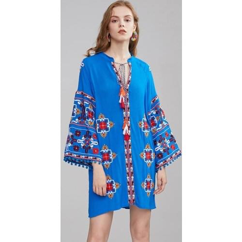 Summer new style travel holiday beach dress national style retro color embroidered v-neck short dress