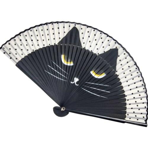 Cute Cartoon Cat Folding Silk Fan Handheld Fan Hollow Out Hand Folding Fans Outdoor Dancing Wedding Party Decoration
