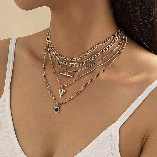 Punk Multilayer Chains Necklaces Women Vintage Love Heart Geometric Pendant Necklace Chic Choker Colar Jewelry Christmas Gift
