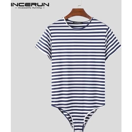 Men T Shirt Bodysuit Striped Short Sleeve O Neck Streetwear Casual Rompers Tee Tops Sexy Leisure Mens T-shirts Jumpsuit INCERUN