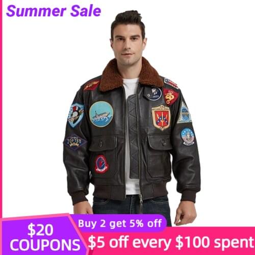 2021 Men Brown Top Gun Pilot Leather Jacket Europe Size XXL Wool Collar Genuine Cowhide Military Style Winter Aviation Coat