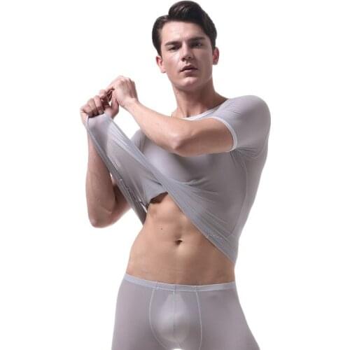 Mens Ice Silk Ultra-Thin Short-Sleeved T-Shirt Sexy Translucent Tight Smooth Shape Body Camiseta Funny T Shirts Camisetas Hombre