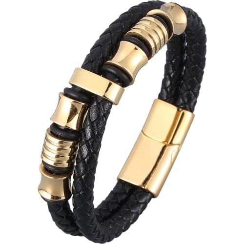 Irregular Pattern Shape Mens Fashion Gold Color Stainless Steel Leather Bracelet Classic For Handsome Men Birthday Gift BB0948