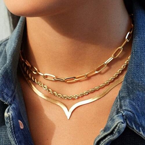 SRCOI New Trendy Gold Color Flat Snake Link Chain Lobster Clasp Collares Necklace Women Simple Metal Clavicle Chain Jewelry