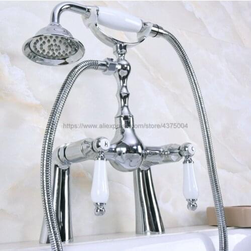 Polished Chrome Bathroom Bathtub Shower Faucet Double Handles Deck Mounted with Ceramic Hand Held Shower Nna119