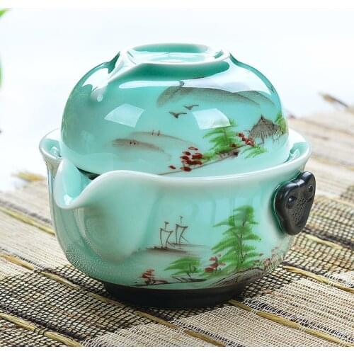 Hand-painted Longquan celadon portable travel ceramic tureen kung fu tea set Teapot Quik Cup Retro Home Decoration