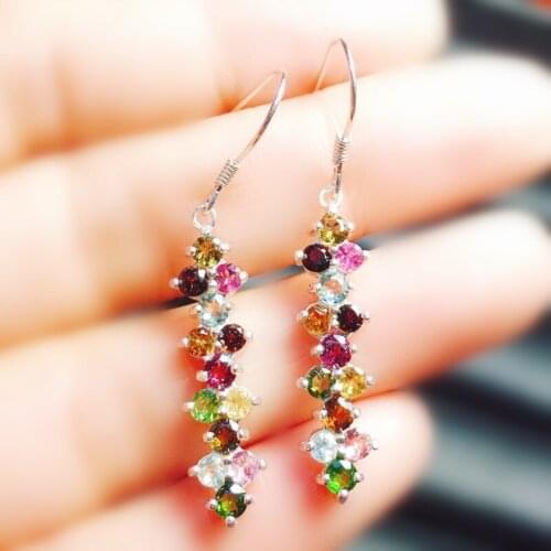 Natural real colorful tourmaline long luxury drop earring 925 sterling silver 3*3mm 0.15ct*26pcs gemstone Fine jewelry X21978