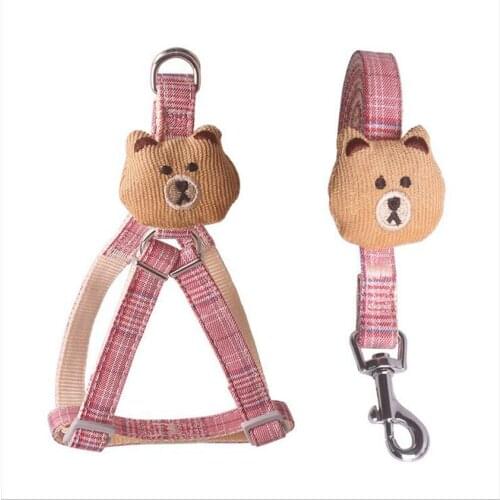 ADEWEL Adjustable Bear Decor Cat Harness Vest Durable Nylon Small Dog Harness Leash Set Plaid Collar Leash Outdoor Walking