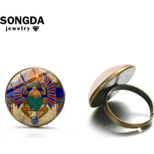 SONGDA Vintage Egyptian Scarab Art Picture Glass Gem Ring Steampunk Alloy Adjustable Open Rings for Women Ancient Egypt Jewelry
