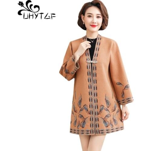 UHYTGF Cardigans for women Mid-length shawl casual autumn sweaters female elegant knitted plus size sweater coat pull femme 1228
