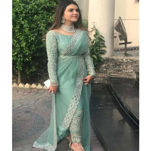 Vintage Mint Green Jumpuit Muslim Evening Dresses Luxury Beaded Crystal Indian Abaya Prom Dress Long Sleeve Formal Party Gowns