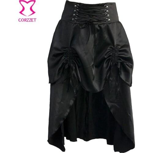 Corzzet Steampunk Skirts Womens Black Satin Skirts Basic Vintage Long High Waist Joint Ruffles Femme Burlesque Gothic Clothing