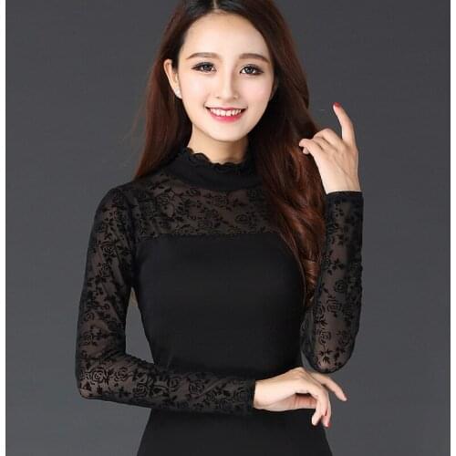 2021 autumn new ear collar net lace bottom top thin long sleeve T-shirt womens top bottom top
