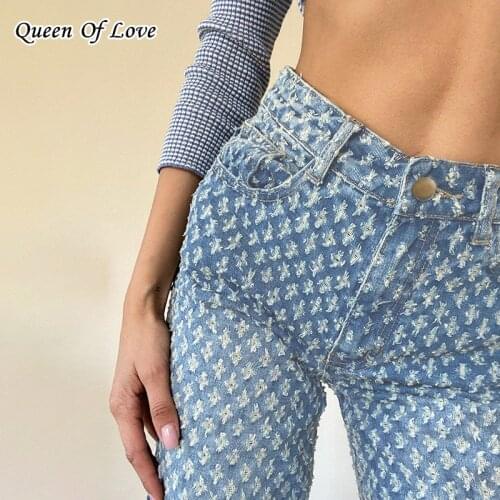 2021 New Style Streetwear Straight Hole Blue Pants Vintage High Waist Women Jeans Full Length Cowboy Denim Pant Vaqueros Mujer