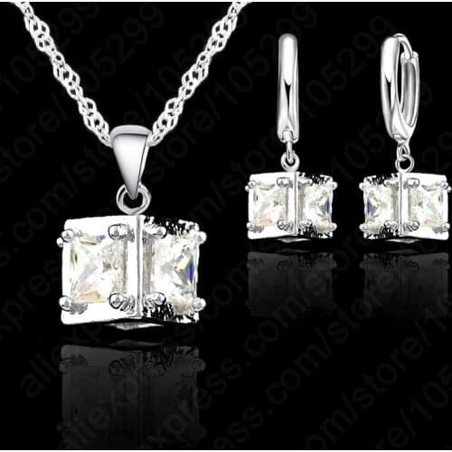 Classical Trendy Square Design Cubic Zircon New Arrival Women 925 Sterling Silver Earring Necklace Pendant Jewelry Sets