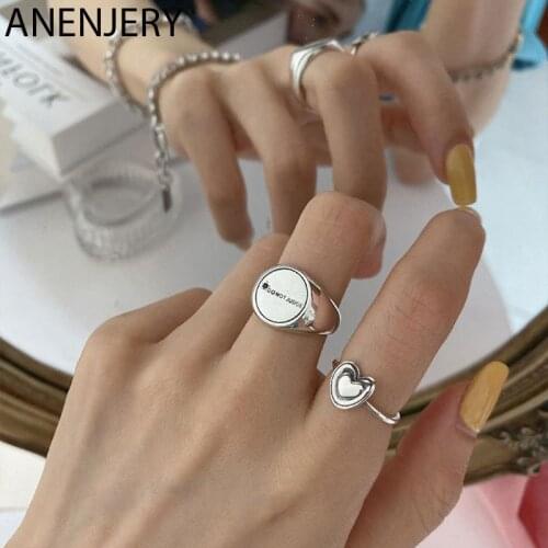 ANENJERY 925 Sterling Silver LOVE Heart Round Ring for Women Men Vintage Thai Silver Resizable Rings Jewelry Party Gifts S-R887