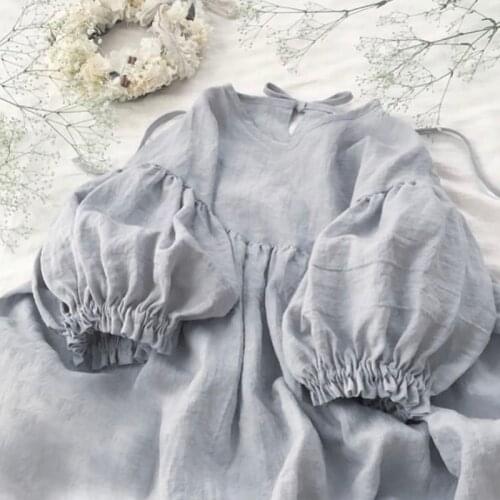 Summer Womens New Style Japanese Cotton Fabric 5-point Sleeves Puff Sleeves Pastoral Small Fresh Fat MM Loose Dress